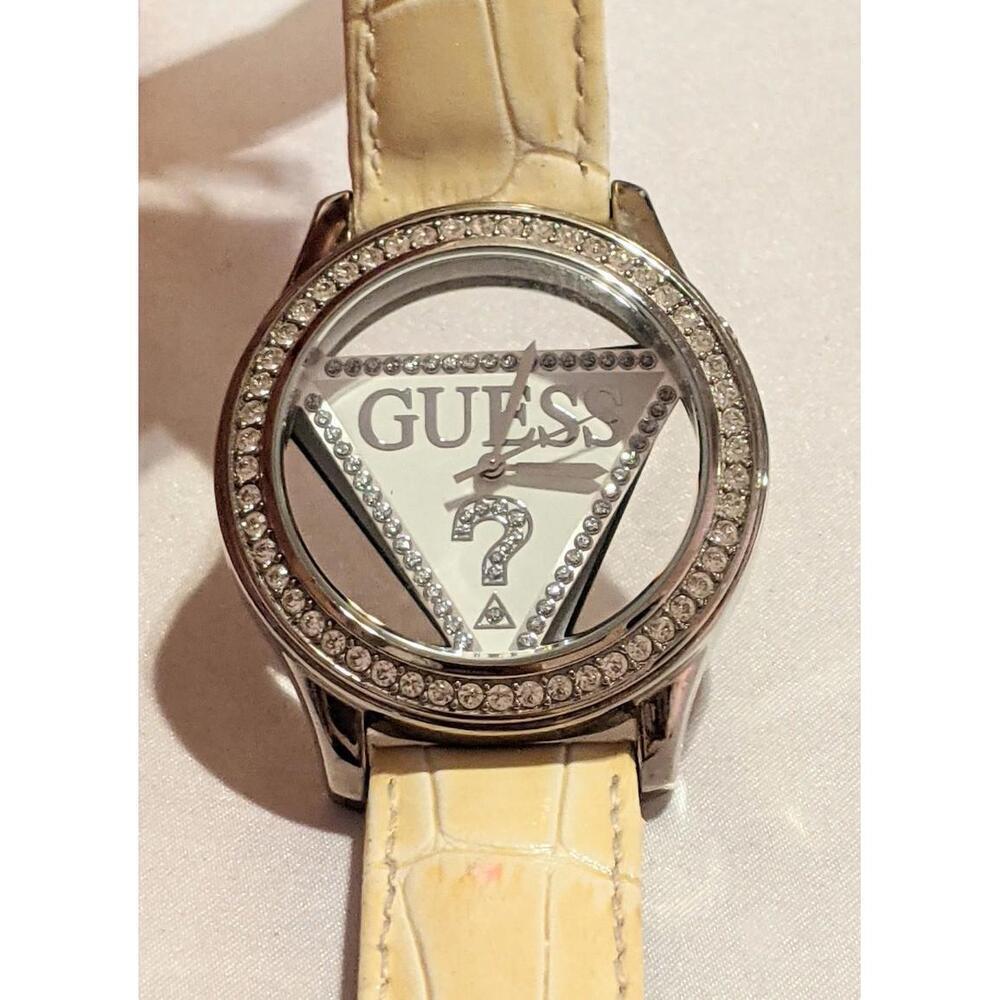 GUESS 25th Anniv Lg Watch Ivory Croc Leather Band Rhinestones Silver Tone Bling